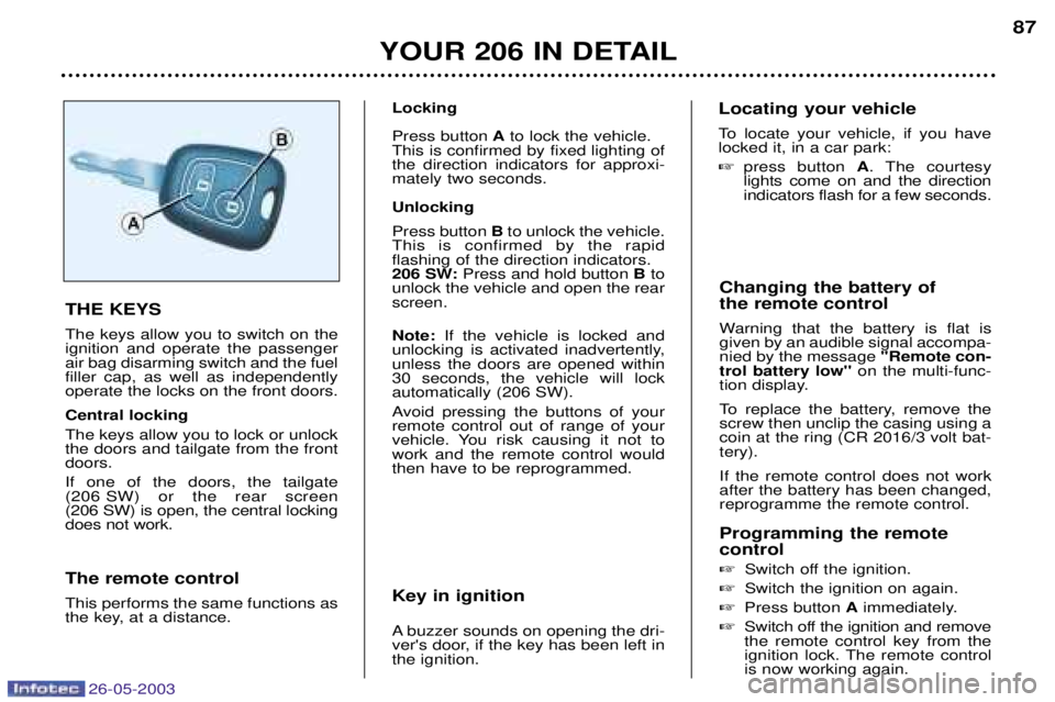 PEUGEOT 206 2003  Owners Manual 26-05-2003
YOUR 206 IN DETAIL87
Changing the battery of  the remote control 
Warning that the battery is flat is given by an audible signal accompa-nied by the message  Remote con-
trol battery low