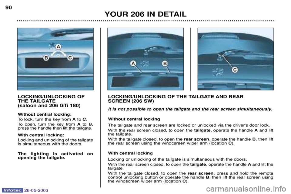 PEUGEOT 206 2003 Owners Manual 26-05-2003
YOUR 206 IN DETAIL
90
LOCKING/UNLOCKING OF
THE TAILGATE
(saloon and 206 GTi 180)
Without central locking:
To lock, turn the key from Ato C.
To open, turn the key from Ato B,
press th PEUGEOT 206 2003 Owners Manual 26-05-2003
YOUR 206 IN DETAIL
90
LOCKING/UNLOCKING OF
THE TAILGATE
(saloon and 206 GTi 180)
Without central locking:
To lock, turn the key from Ato C.
To open, turn the key from Ato B,
press th