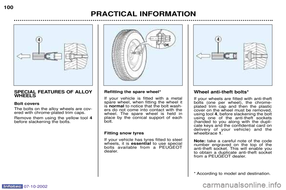 PEUGEOT 206 CC 2002  Owners Manual PRACTICAL INFORMATION
100
SPECIAL FEATURES OF ALLOY WHEELS Bolt covers The bolts on the alloy wheels are cov- ered with chrome-plated trim caps. Remove them using the yellow tool 
4
before slackening 