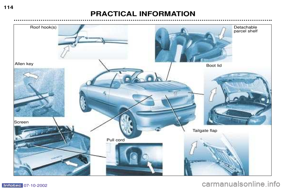 PEUGEOT 206 CC 2002  Owners Manual 07-10-2002
PRACTICAL INFORMATION
114
Roof hook(s)
Allen key 
Screen Pull cordTailgate flapBoot lid
Detachable  parcel shelf  