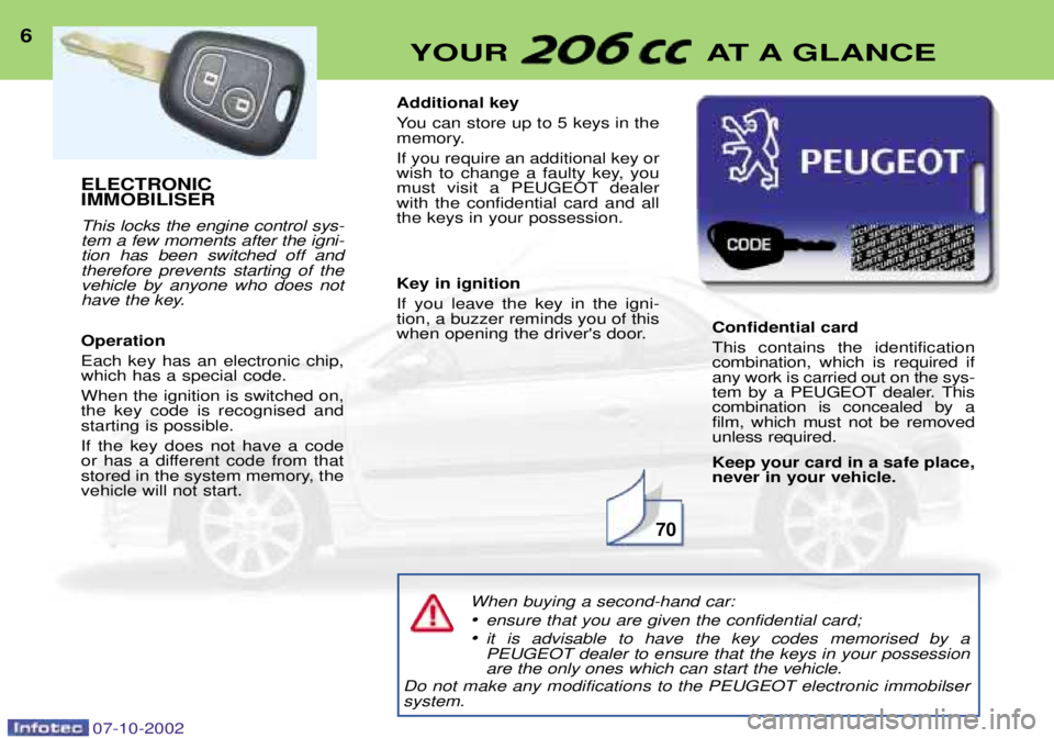 PEUGEOT 206 CC 2002  Owners Manual ELECTRONIC  IMMOBILISER This locks the engine control sys- tem a few moments after the igni-tion has been switched off andtherefore prevents starting of thevehicle by anyone who does not
have the key.