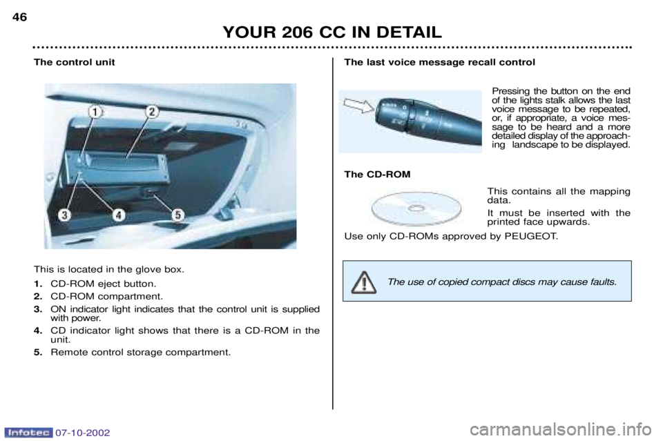 PEUGEOT 206 CC 2002 Service Manual 07-10-2002
YOUR 206 CC IN DETAIL
46
The control unit This is located in the glove box. 1.
CD-ROM eject button.
2. CD-ROM compartment.
3. ON indicator light indicates that the control unit is supplied PEUGEOT 206 CC 2002 Service Manual 07-10-2002
YOUR 206 CC IN DETAIL
46
The control unit This is located in the glove box. 1.
CD-ROM eject button.
2. CD-ROM compartment.
3. ON indicator light indicates that the control unit is supplied
