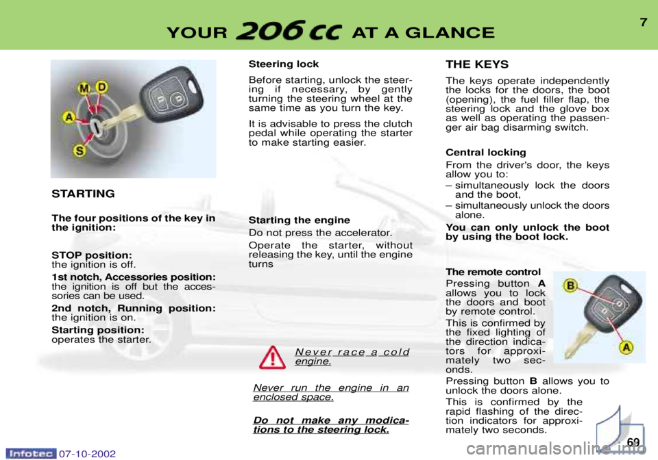 PEUGEOT 206 CC 2002  Owners Manual 7
YOUR AT A GLANCE
STARTING The four positions of the key in the ignition: 
STOP position: 
the ignition is off. 
1st notch, Accessories position: 
the ignition is off but the acces-sories can be used