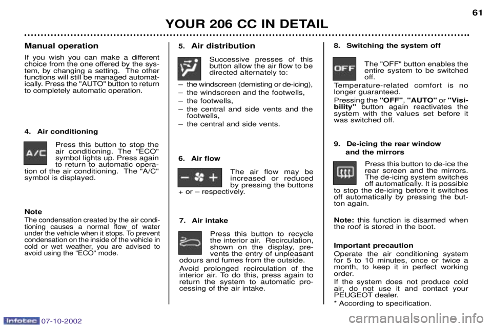 PEUGEOT 206 CC 2002 Workshop Manual YOUR 206 CC IN DETAIL61
5.
Air distribution
Successive presses of this button allow the air flow to bedirected alternately to:
Ð the windscreen (demisting or de-icing),
Ð the windscreen and the foo PEUGEOT 206 CC 2002 Workshop Manual YOUR 206 CC IN DETAIL61
5.
Air distribution
Successive presses of this button allow the air flow to bedirected alternately to:
Ð the windscreen (demisting or de-icing),
Ð the windscreen and the foo