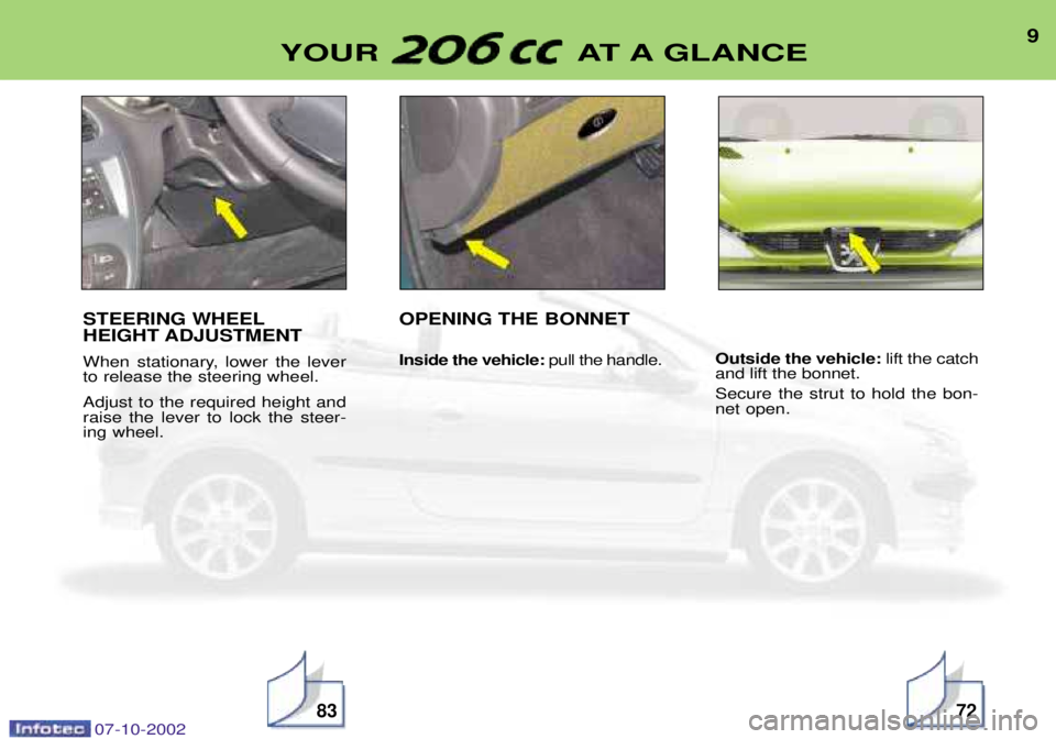 PEUGEOT 206 CC 2002  Owners Manual 9
YOUR AT A GLANCE
STEERING WHEEL HEIGHT ADJUSTMENT 
When stationary, lower the lever to release the steering wheel. Adjust to the required height and raise the lever to lock the steer-ing wheel. OPEN