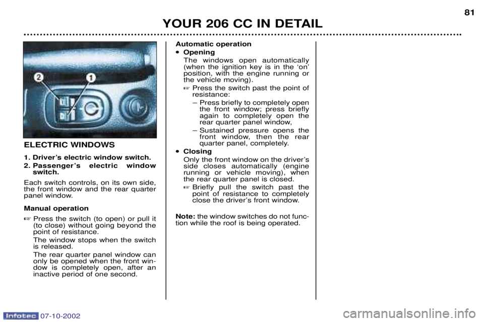 PEUGEOT 206 CC 2002 Manual Online YOUR 206 CC IN DETAIL81
ELECTRIC WINDOWS
1. DriverÕs electric window switch.
2. PassengerÕs electric window
switch.
Each switch controls, on its own side, the front window and the rear quarter
pa PEUGEOT 206 CC 2002 Manual Online YOUR 206 CC IN DETAIL81
ELECTRIC WINDOWS
1. DriverÕs electric window switch.
2. PassengerÕs electric window
switch.
Each switch controls, on its own side, the front window and the rear quarter
pa