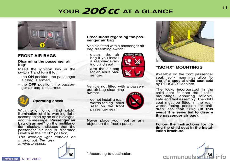 PEUGEOT 206 CC 2002  Owners Manual 11
YOUR AT A GLANCE
FRONT AIR BAGS Disarming the passenger air bag* Insert the ignition key in the switch 1and turn it to:
Ð the  ONposition; the passenger
air bag is armed,
Ð the  OFFposition; the 