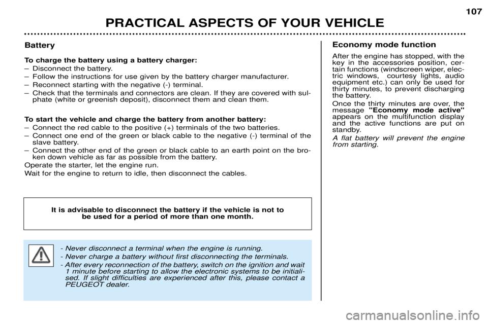 PEUGEOT 206 CC 2001  Owners Manual PRACTICAL ASPECTS OF YOUR VEHICLE107
Battery 
To charge the battery using a battery charger: 
Ð Disconnect the battery.
Ð Follow the instructions for use given by the battery charger manufacturer.
