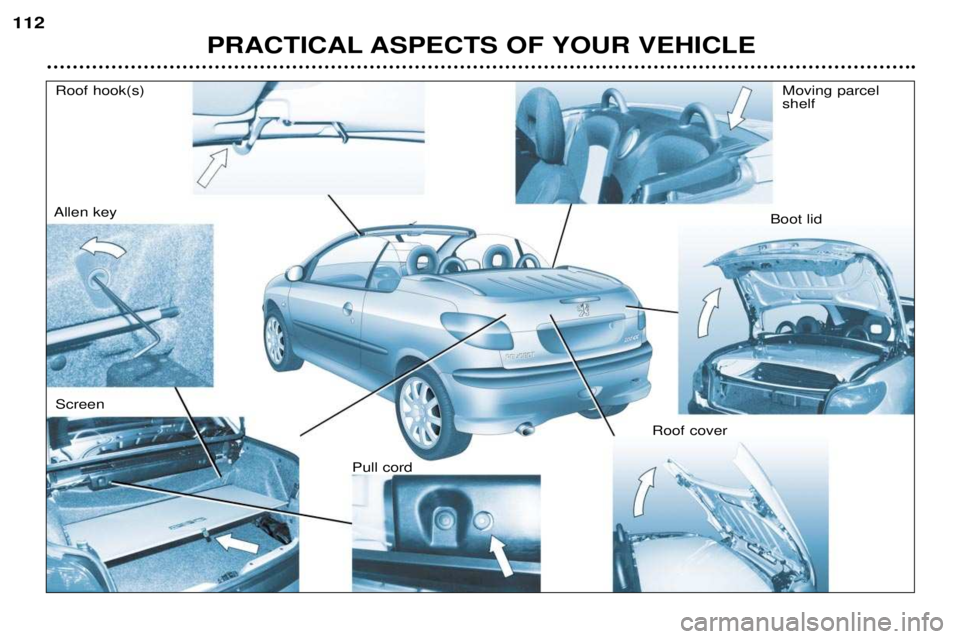 PEUGEOT 206 CC 2001  Owners Manual PRACTICAL ASPECTS OF YOUR VEHICLE
112
Moving parcel shelf
Boot lid
Roof cover
Pull cord
Screen
Allen key 
Roof hook(s)  