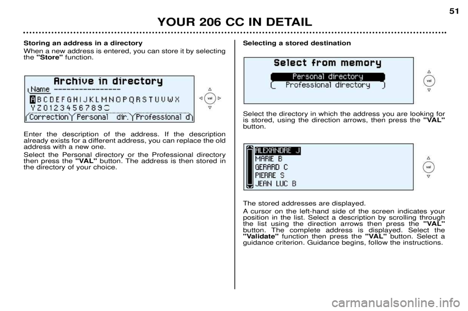 PEUGEOT 206 CC 2001 Service Manual YOUR 206 CC IN DETAIL51
Storing an address in a directory When a new address is entered, you can store it by selecting the
"Store" function.
Enter the description of the address. If the description PEUGEOT 206 CC 2001 Service Manual YOUR 206 CC IN DETAIL51
Storing an address in a directory When a new address is entered, you can store it by selecting the
"Store" function.
Enter the description of the address. If the description