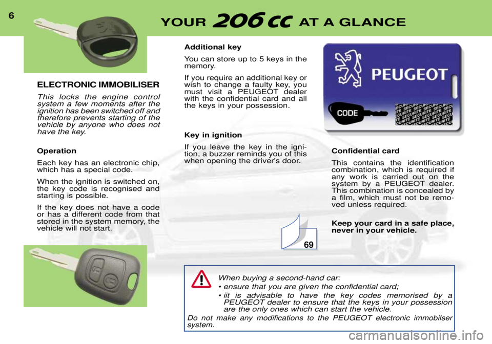 PEUGEOT 206 CC 2001  Owners Manual ELECTRONIC IMMOBILISER This locks the engine control system a few moments after theignition has been switched off andtherefore prevents starting of thevehicle by anyone who does not
have the key. Oper