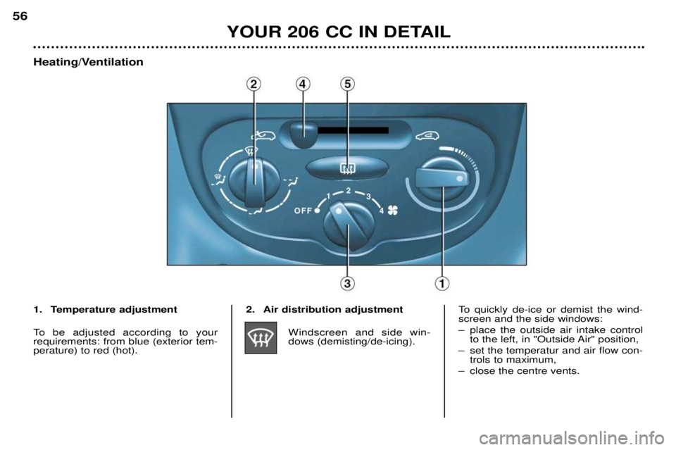 PEUGEOT 206 CC 2001 Workshop Manual YOUR 206 CC IN DETAIL
56
Heating/Ventilation
2. Air distribution adjustmentWindscreen and side win- dows (demisting/de-icing). To quickly de-ice or demist the wind-screen and the side windows:
Ð pla PEUGEOT 206 CC 2001 Workshop Manual YOUR 206 CC IN DETAIL
56
Heating/Ventilation
2. Air distribution adjustmentWindscreen and side win- dows (demisting/de-icing). To quickly de-ice or demist the wind-screen and the side windows:
Ð pla