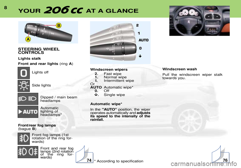 PEUGEOT 206 CC 2001  Owners Manual 8YOUR AT A GLANCE
STEERING WHEEL CONTROLS Lights stalk Front and rear lights(ring A)
Lights off Side lights
Dipped / main beam headlamps Automatic  lighting of headlamps*
Front/rear fog lamps (bague  