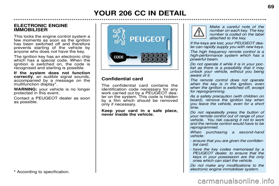 PEUGEOT 206 CC 2001 Repair Manual YOUR 206 CC IN DETAIL69
Make a careful note of the
number on each key. The keynumber is coded on the label
attached to the key.
If the keys are lost, your PEUGEOT dea-ler can rapidly supply you with PEUGEOT 206 CC 2001 Repair Manual YOUR 206 CC IN DETAIL69
Make a careful note of the
number on each key. The keynumber is coded on the label
attached to the key.
If the keys are lost, your PEUGEOT dea-ler can rapidly supply you with
