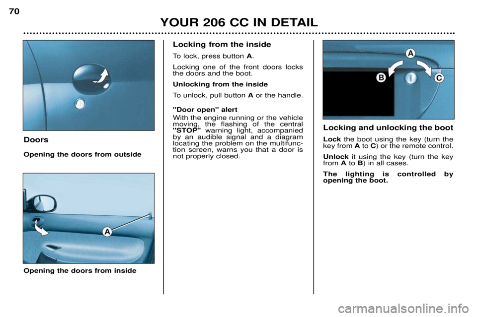 PEUGEOT 206 CC 2001 Repair Manual YOUR 206 CC IN DETAIL
70
Doors Opening the doors from outside Opening the doors from inside
Locking and unlocking the boot Lock
the boot using the key (turn the
key from Ato C) or the remote control PEUGEOT 206 CC 2001 Repair Manual YOUR 206 CC IN DETAIL
70
Doors Opening the doors from outside Opening the doors from inside
Locking and unlocking the boot Lock
the boot using the key (turn the
key from Ato C) or the remote control