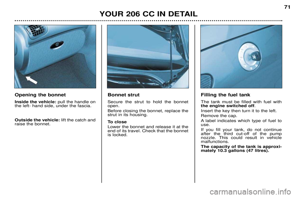 PEUGEOT 206 CC 2001 Manual PDF YOUR 206 CC IN DETAIL71
Bonnet strut Secure the strut to hold the bonnet open. Before closing the bonnet, replace the strut in its housing. 
To close Lower the bonnet and release it at the end of its 