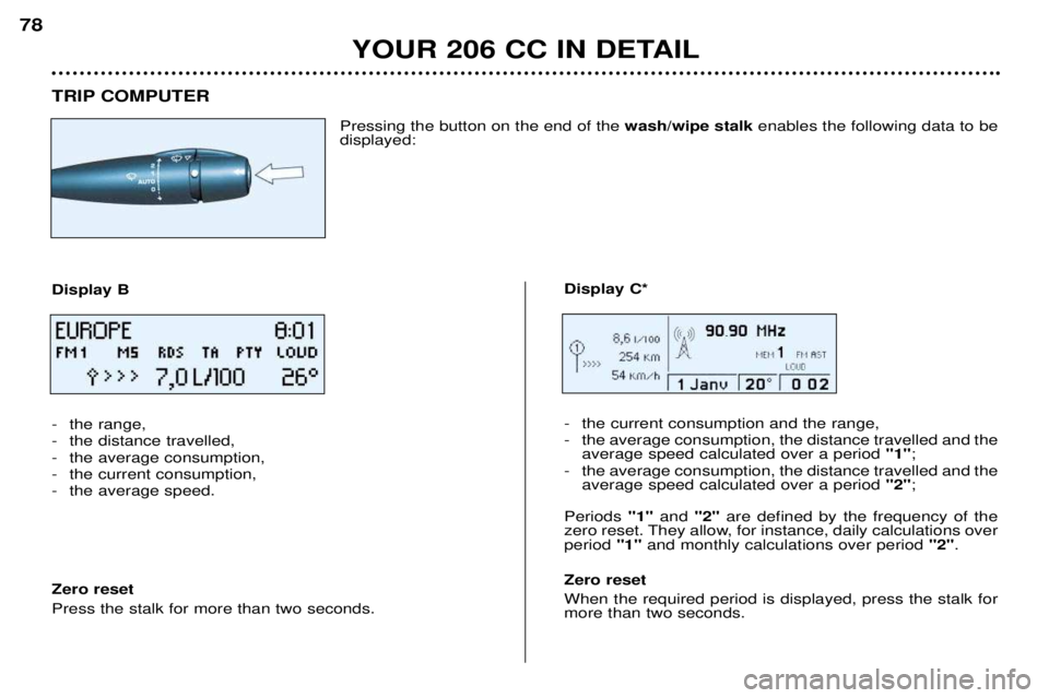 PEUGEOT 206 CC 2001 Manual PDF YOUR 206 CC IN DETAIL
78
TRIP COMPUTER
Pressing the button on the end of the wash/wipe stalkenables the following data to be
displayed:
Display B 
- the range, 
- the distance travelled,
- the average