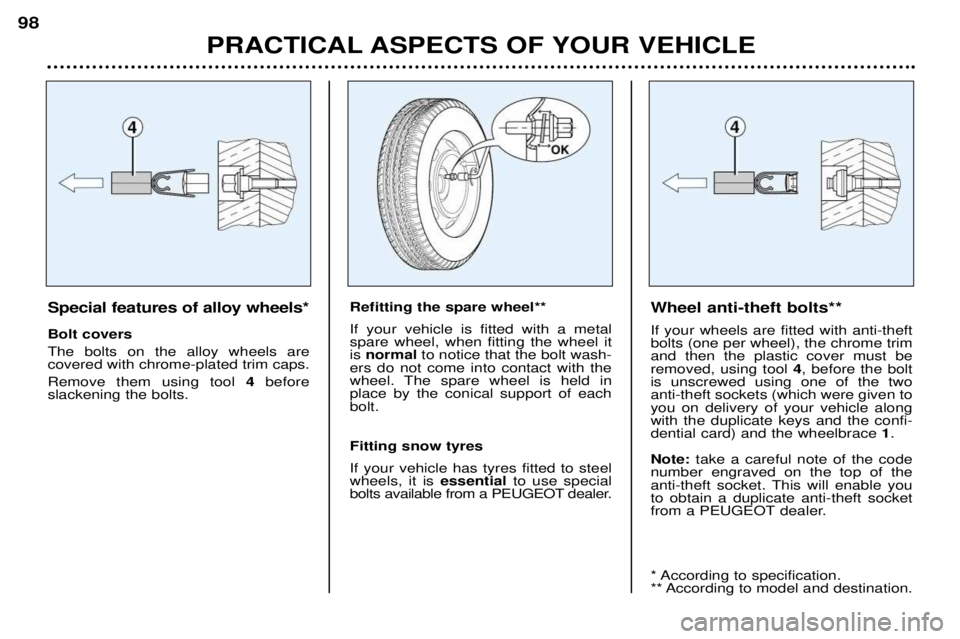 PEUGEOT 206 CC 2001  Owners Manual PRACTICAL ASPECTS OF YOUR VEHICLE
98
Special features of alloy wheels* Bolt covers The bolts on the alloy wheels are  covered with chrome-plated trim caps. Remove them using tool 
4before
slackening t
