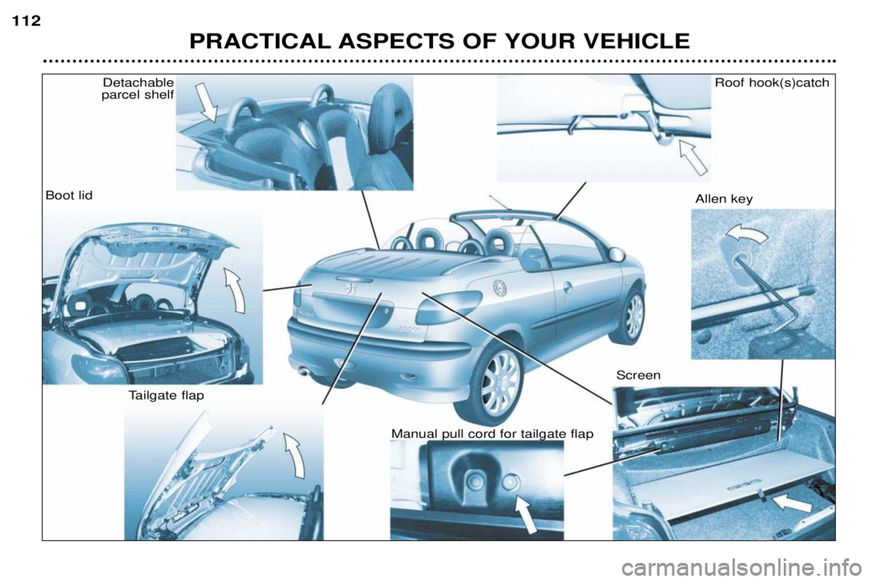 PEUGEOT 206 CC DAG 2001  Owners Manual PRACTICAL ASPECTS OF YOUR VEHICLE
112
Detachable 
parcel shelf
Boot lid
Tailgate flap Manual pull cord for tailgate flapScreenAllen key 
Roof hook(s)catch  