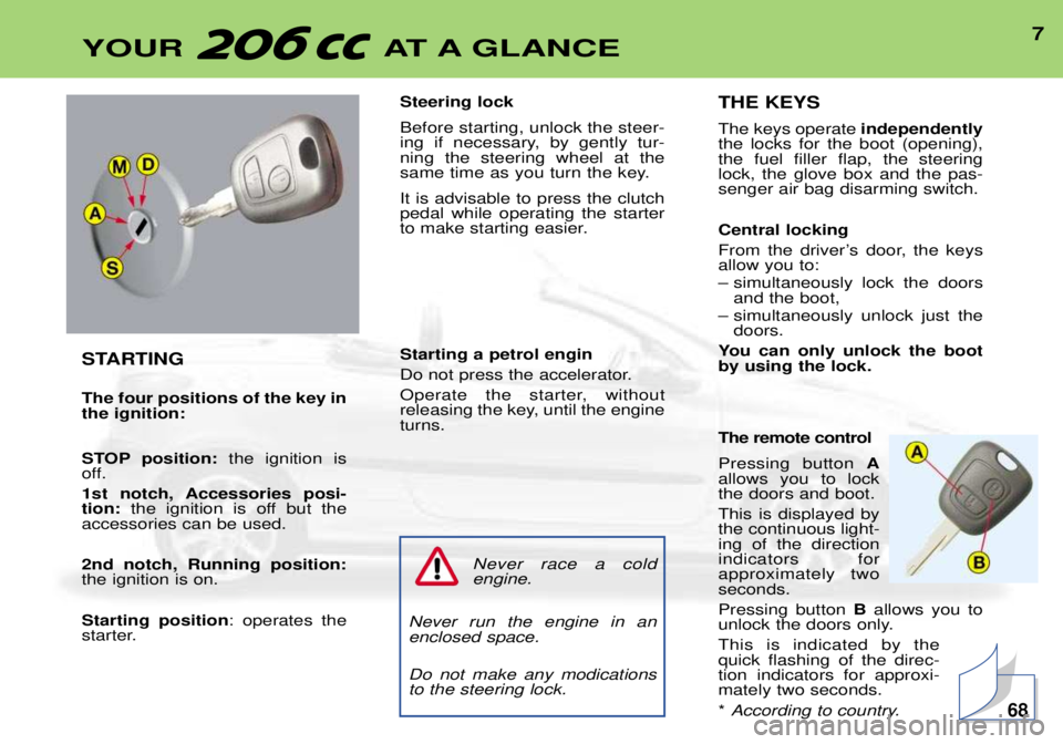PEUGEOT 206 CC DAG 2001  Owners Manual 7YOUR AT A GLANCE
STARTING The four positions of the key in the ignition: 
STOP position:the ignition is
off. 
1st notch, Accessories posi- tion: the ignition is off but the
accessories can be used. 2