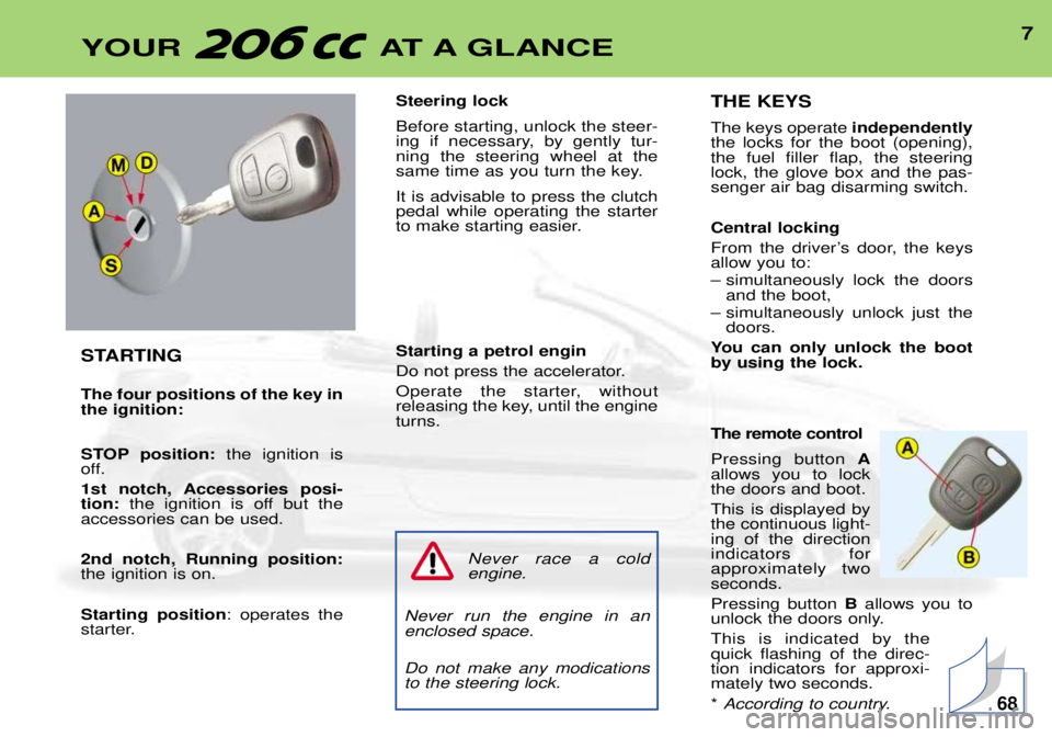 PEUGEOT 206 CC DAG 2001 Owners Manual 7YOUR AT A GLANCE
STARTING The four positions of the key in the ignition:
STOP position:the ignition is
off.
1st notch, Accessories posi- tion: the ignition is off but the
accessories can be used. 2 PEUGEOT 206 CC DAG 2001 Owners Manual 7YOUR AT A GLANCE
STARTING The four positions of the key in the ignition:
STOP position:the ignition is
off.
1st notch, Accessories posi- tion: the ignition is off but the
accessories can be used. 2