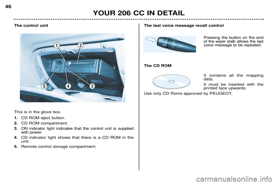 PEUGEOT 206 CC DAG 2001 Owners Manual YOUR 206 CC IN DETAIL
46
The control unit This is in the glove box. 1.
CD ROM eject button.
2. CD ROM compartment.
3. ON indicator light indicates that the control unit is supplied
with power.
4. CD PEUGEOT 206 CC DAG 2001 Owners Manual YOUR 206 CC IN DETAIL
46
The control unit This is in the glove box. 1.
CD ROM eject button.
2. CD ROM compartment.
3. ON indicator light indicates that the control unit is supplied
with power.
4. CD