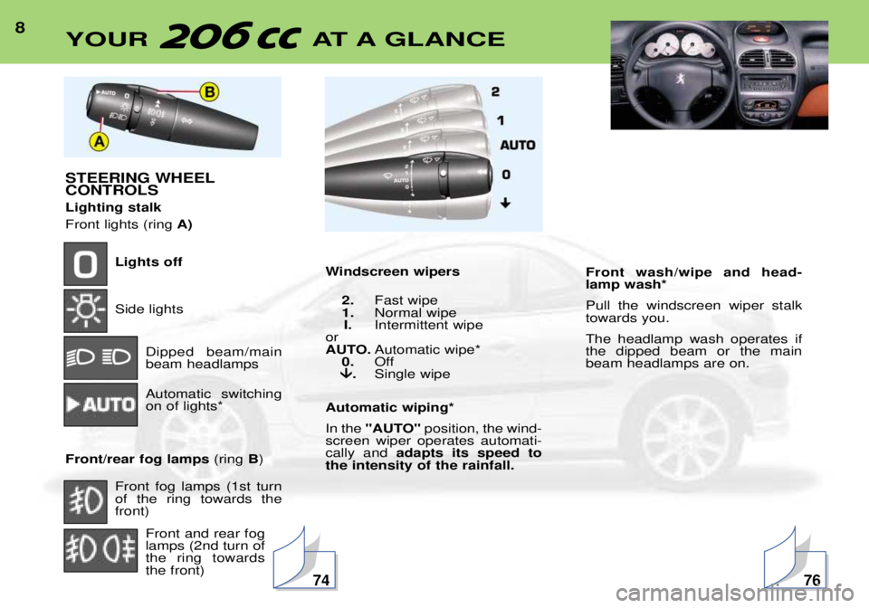 PEUGEOT 206 CC DAG 2001  Owners Manual 8YOUR AT A GLANCE
STEERING WHEEL CONTROLS  Lighting stalkFront lights (ring A)
Lights off Side lights
Dipped beam/main beam headlamps Automatic switching on of lights*
Front/rear fog lamps (ring B)
Fr