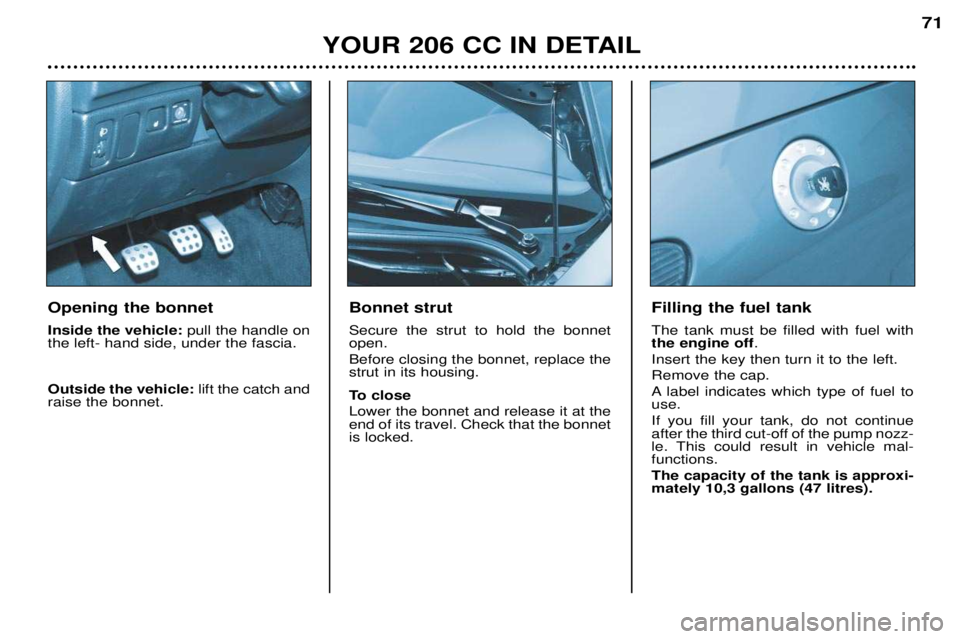 PEUGEOT 206 CC DAG 2001 Manual PDF YOUR 206 CC IN DETAIL71
Bonnet strut Secure the strut to hold the bonnet open. Before closing the bonnet, replace the strut in its housing. 
To close Lower the bonnet and release it at the end of its 