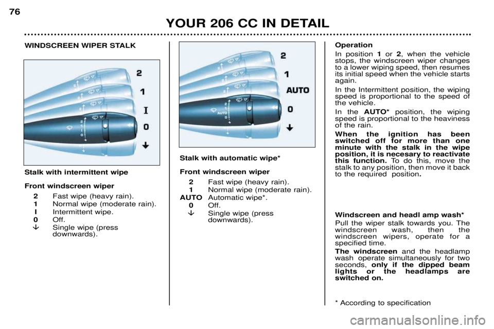 PEUGEOT 206 CC DAG 2001 Manual PDF YOUR 206 CC IN DETAIL
76
* According to specification  Windscreen and headl amp wash* 
Pull the wiper stalk towards you. The windscreen wash, then thewindscreen wipers, operate for aspecified time. Th