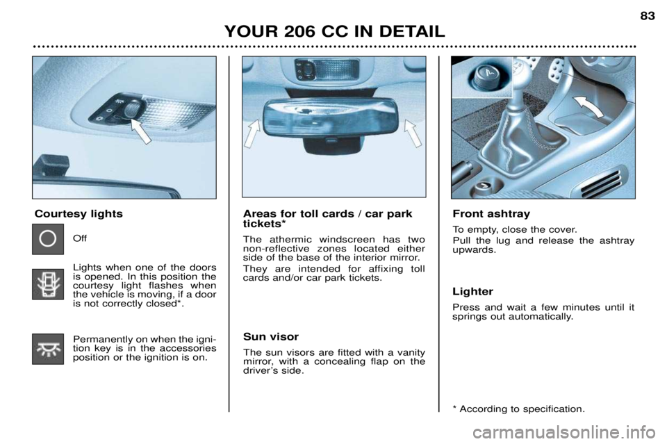 PEUGEOT 206 CC DAG 2001 Manual Online YOUR 206 CC IN DETAIL83
Areas for toll cards / car park tickets* The athermic windscreen has two non-reflective zones located either
side of the base of the interior mirror.
They are intended for aff PEUGEOT 206 CC DAG 2001 Manual Online YOUR 206 CC IN DETAIL83
Areas for toll cards / car park tickets* The athermic windscreen has two non-reflective zones located either
side of the base of the interior mirror.
They are intended for aff