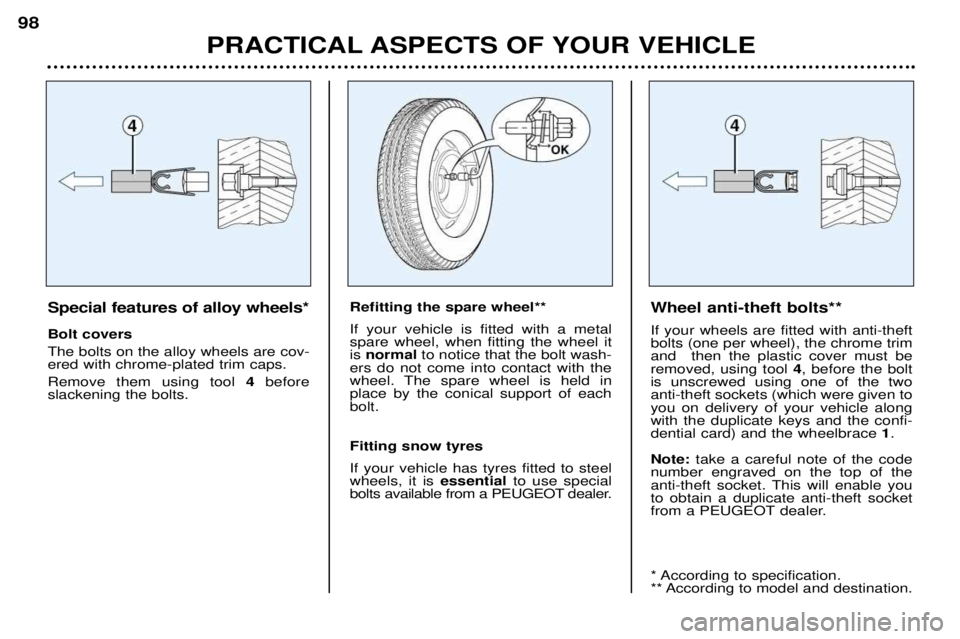 PEUGEOT 206 CC DAG 2001  Owners Manual PRACTICAL ASPECTS OF YOUR VEHICLE
98
Special features of alloy wheels* Bolt covers The bolts on the alloy wheels are cov- ered with chrome-plated trim caps. Remove them using tool 
4before
slackening 