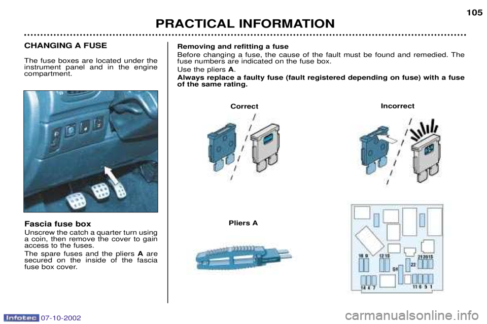 PEUGEOT 206 CC DAG 2002  Owners Manual 07-10-2002
PRACTICAL INFORMATION105
Fascia fuse box Unscrew the catch a quarter turn using a coin, then remove the cover to gainaccess to the fuses. The spare fuses and the pliers 
Aare
secured on the