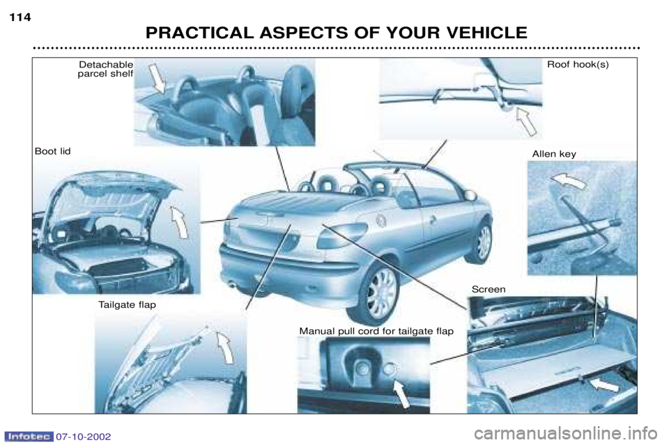 PEUGEOT 206 CC DAG 2002  Owners Manual 07-10-2002
PRACTICAL ASPECTS OF YOUR VEHICLE
114
Detachable 
parcel shelf
Boot lid
Tailgate flap Manual pull cord for tailgate flapScreenAllen key 
Roof hook(s)  