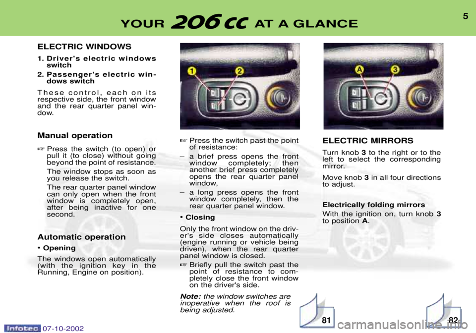 PEUGEOT 206 CC DAG 2002  Owners Manual ELECTRIC WINDOWS 
1. Drivers electric windowsswitch
2. Passengers electric win- dows switch
These control, each on its respective side, the front windowand the rear quarter panel win-
dow. Manual op