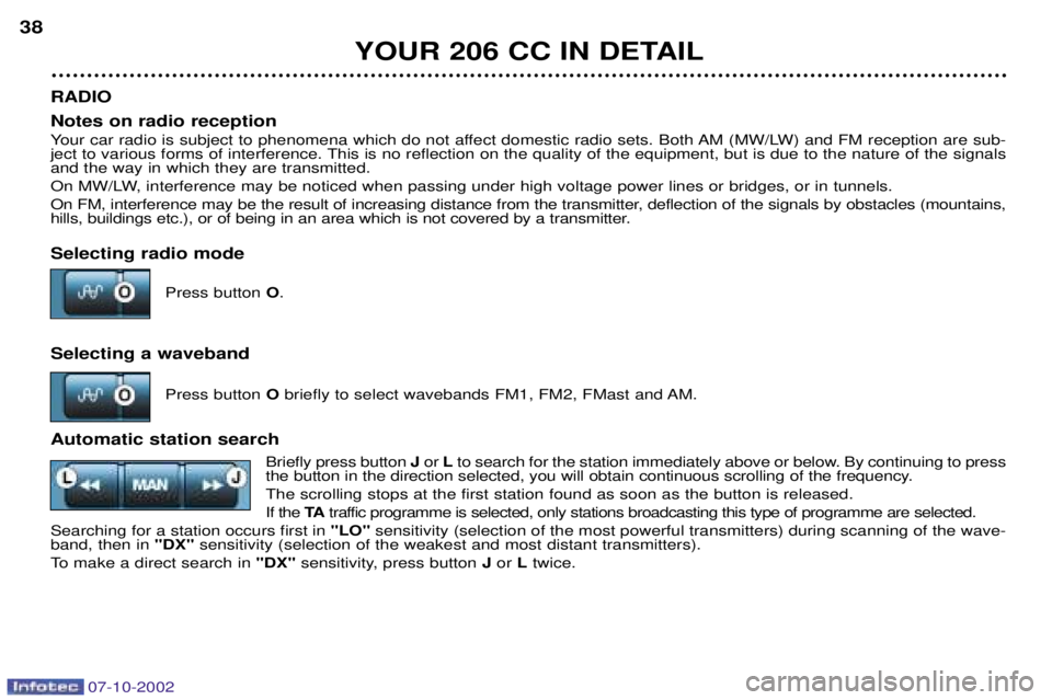 PEUGEOT 206 CC DAG 2002 Owners Guide 07-10-2002
YOUR 206 CC IN DETAIL
38
RADIO Notes on radio reception 
Your car radio is subject to phenomena which do not affect domestic radio sets. Both AM (MW/LW) and FM reception are sub- 
ject to v