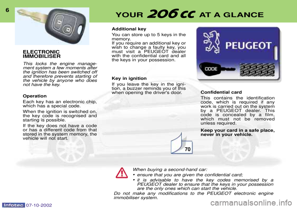PEUGEOT 206 CC DAG 2002 Owners Manual ELECTRONIC IMMOBILISER This locks the engine manage- ment system a few moments afterthe ignition has been switched offand therefore prevents starting ofthe vehicle by anyone who does
not have the key PEUGEOT 206 CC DAG 2002 Owners Manual ELECTRONIC IMMOBILISER This locks the engine manage- ment system a few moments afterthe ignition has been switched offand therefore prevents starting ofthe vehicle by anyone who does
not have the key