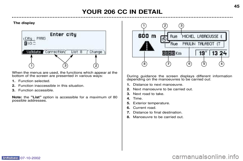 PEUGEOT 206 CC DAG 2002 Service Manual 07-10-2002
The display
When the menus are used, the functions which appear at the bottom of the screen are presented in various ways: 1. Function selected.
2. Function inaccessible in this situation.
PEUGEOT 206 CC DAG 2002 Service Manual 07-10-2002
The display
When the menus are used, the functions which appear at the bottom of the screen are presented in various ways: 1. Function selected.
2. Function inaccessible in this situation.