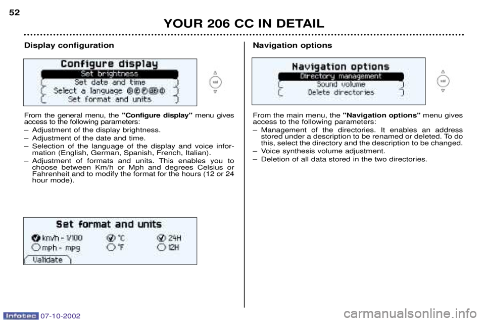 PEUGEOT 206 CC DAG 2002 Workshop Manual Display configuration From the general menu, the "Configure display"menu gives
access to the following parameters:
Ð Adjustment of the display brightness.
Ð Adjustment of the date and time.
Ð Sele PEUGEOT 206 CC DAG 2002 Workshop Manual Display configuration From the general menu, the "Configure display"menu gives
access to the following parameters:
Ð Adjustment of the display brightness.
Ð Adjustment of the date and time.
Ð Sele