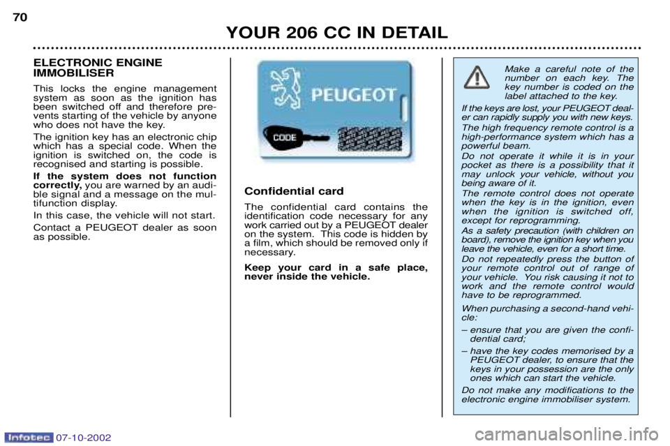 PEUGEOT 206 CC DAG 2002 Repair Manual 07-10-2002
YOUR 206 CC IN DETAIL
70
Make a careful note of the
number on each key. Thekey number is coded on the
label attached to the key.
If the keys are lost, your PEUGEOT deal-er can rapidly supp PEUGEOT 206 CC DAG 2002 Repair Manual 07-10-2002
YOUR 206 CC IN DETAIL
70
Make a careful note of the
number on each key. Thekey number is coded on the
label attached to the key.
If the keys are lost, your PEUGEOT deal-er can rapidly supp