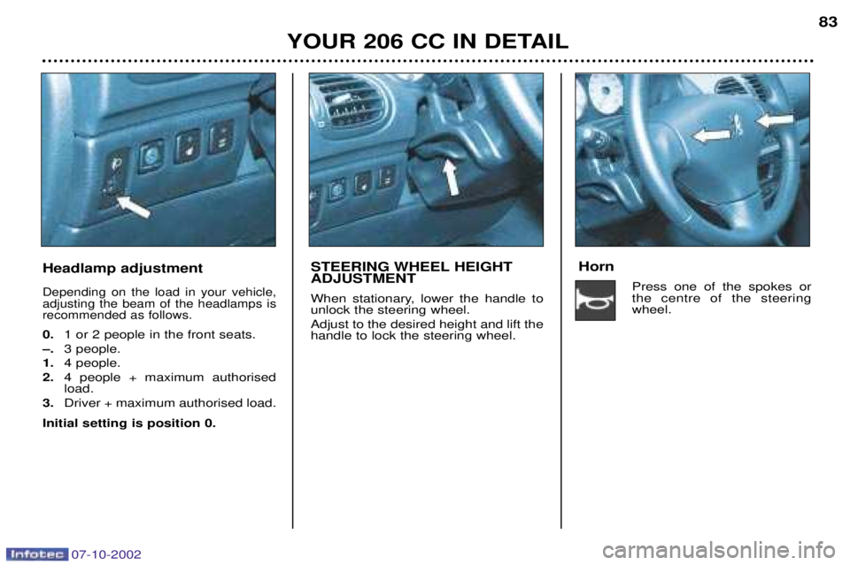 PEUGEOT 206 CC DAG 2002  Owners Manual 07-10-2002
YOUR 206 CC IN DETAIL83
Headlamp adjustment
Depending on the load in your vehicle, adjusting the beam of the headlamps isrecommended as follows.
0.
1 or 2 people in the front seats.
Ð. 3 p