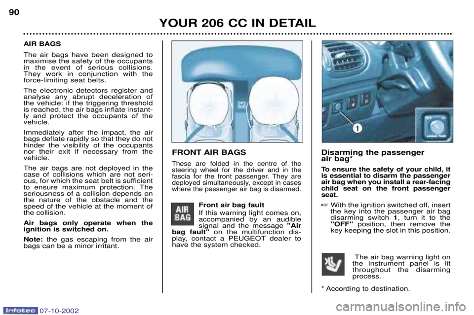PEUGEOT 206 CC DAG 2002 Manual Online YOUR 206 CC IN DETAIL
90
FRONT AIR BAGS
These are folded in the centre of the steering wheel for the driver and in the
fascia for the front passenger. They are
deployed simultaneously, except in cases PEUGEOT 206 CC DAG 2002 Manual Online YOUR 206 CC IN DETAIL
90
FRONT AIR BAGS
These are folded in the centre of the steering wheel for the driver and in the
fascia for the front passenger. They are
deployed simultaneously, except in cases