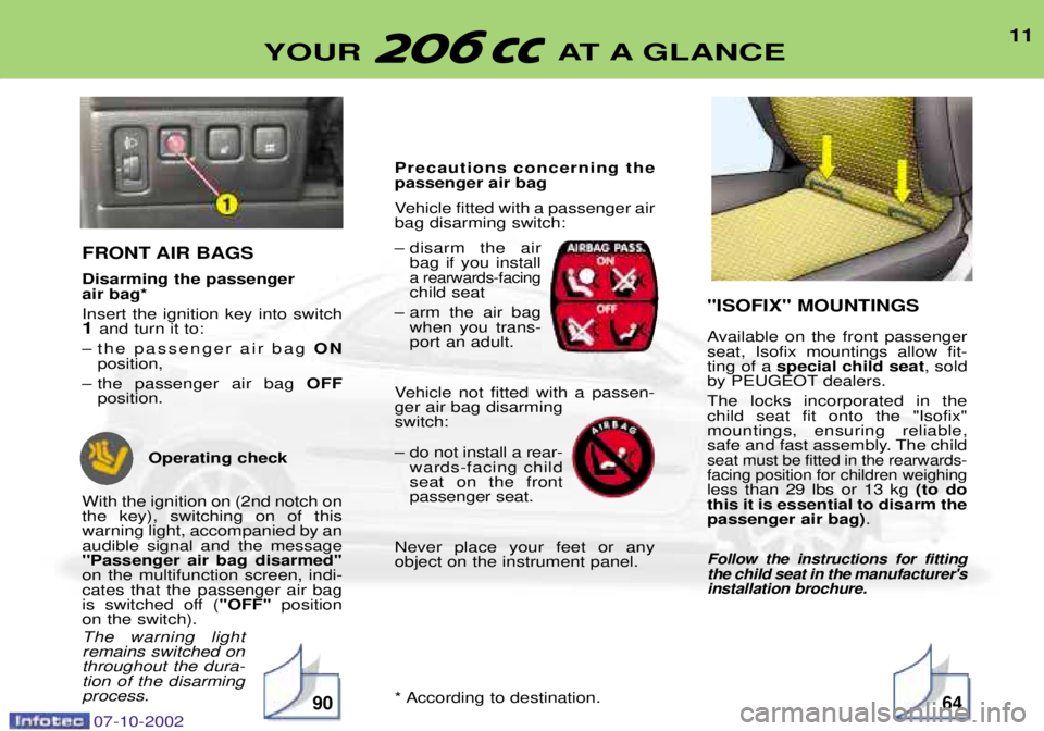 PEUGEOT 206 CC DAG 2002  Owners Manual 11
YOUR AT A GLANCE
FRONT AIR BAGS Disarming the passenger  air bag* Insert the ignition key into switch 1 and turn it to:
Ð the passenger air bag ON
position,
Ð the passenger air bag  OFF
position.