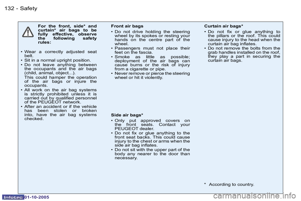 PEUGEOT 206 DAG 2005  Owners Manual �S�a�f�e�t�y�1�3�2 �-
�0�1�-�1�0�-�2�0�0�5
�1�3�3�S�a�f�e�t�y�-
�0�1�-�1�0�-�2�0�0�5
�F�o�r�  �t�h�e�  �f�r�o�n�t�,�  �s�i�d�e�*�  �a�n�d�  
�c�u�r�t�a�i�n�*�  �a�i�r�  �b�a�g�s�  �t�o�  �b�e� 
�f�u�l