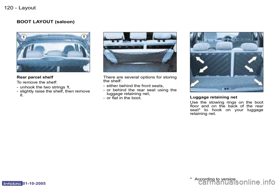 PEUGEOT 206 SW 2005  Owners Manual �L�a�y�o�u�t�1�2�0 �-
�0�1�-�1�0�-�2�0�0�5
�1�2�1�L�a�y�o�u�t�-
�0�1�-�1�0�-�2�0�0�5
�L�u�g�g�a�g�e� �r�e�t�a�i�n�i�n�g� �n�e�t 
�U�s�e�  �t�h�e�  �s�t�o�w�i�n�g�  �r�i�n�g�s�  �o�n�  �t�h�e�  �b�o�o�