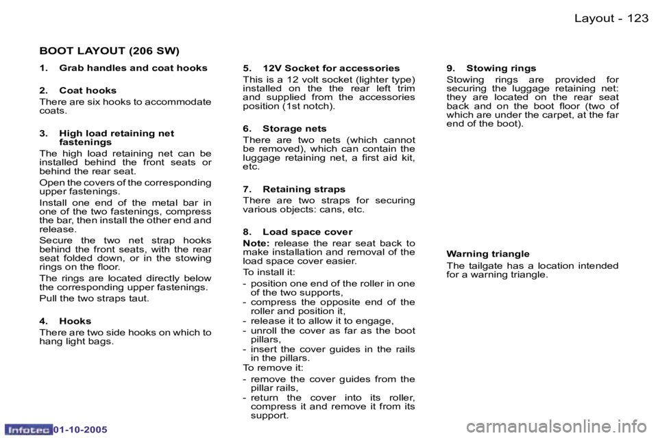 PEUGEOT 206 SW 2005  Owners Manual �L�a�y�o�u�t�1�2�2 �-
�0�1�-�1�0�-�2�0�0�5
�1�2�3�L�a�y�o�u�t�-
�0�1�-�1�0�-�2�0�0�5
�B�O�O�T� �L�A�Y�O�U�T� �(�2�0�6� �S�W�)
�1�.�  �G�r�a�b� �h�a�n�d�l�e�s� �a�n�d� �c�o�a�t� �h�o�o�k�s 
�2�.�  �C�o