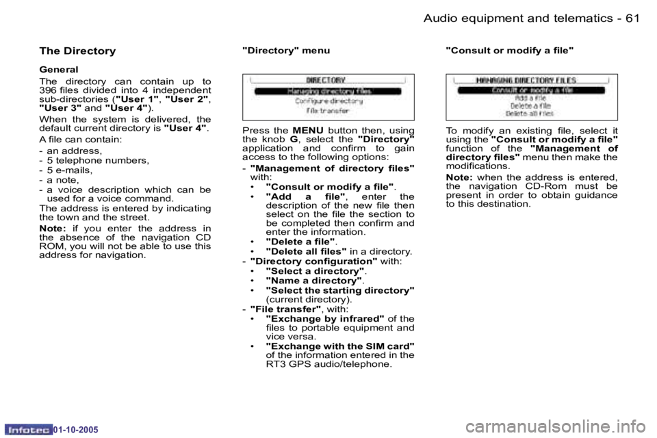 PEUGEOT 206 SW 2005 Repair Manual �6�0 �-�A�u�d�i�o� �e�q�u�i�p�m�e�n�t� �a�n�d� �t�e�l�e�m�a�t�i�c�s
�0�1�-�1�0�-�2�0�0�5
�6�1
�-�A�u�d�i�o� �e�q�u�i�p�m�e�n�t� �a�n�d� �t�e�l�e�m�a�t�i�c�s
�0�1�-�1�0�-�2�0�0�5
�T�h�e� �D�i�r�e�c�t�o