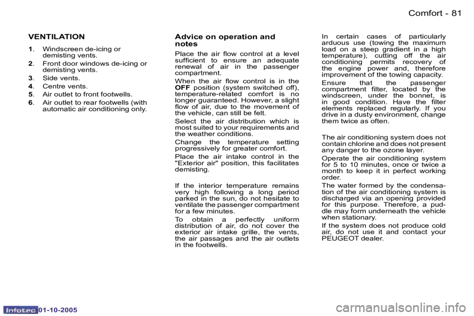 PEUGEOT 206 SW 2005 Manual Online �C�o�m�f�o�r�t�8�0 �-
�0�1�-�1�0�-�2�0�0�5
�8�1�C�o�m�f�o�r�t�-
�0�1�-�1�0�-�2�0�0�5
�V�E�N�T�I�L�A�T�I�O�N
�1�.�  �W�i�n�d�s�c�r�e�e�n� �d�e�-�i�c�i�n�g� �o�r� 
�d�e�m�i�s�t�i�n�g� �v�e�n�t�s�.
�2 �.