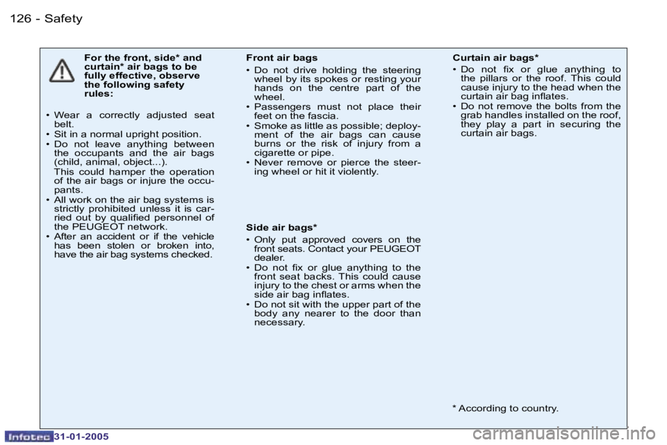 PEUGEOT 206 SW 2004  Owners Manual �1�2�6 �-
�3�1�-�0�1�-�2�0�0�5
�F�o�r� �t�h�e� �f�r�o�n�t�,� �s�i�d�e�*� �a�n�d�  
�c�u�r�t�a�i�n�*� �a�i�r� �b�a�g�s� �t�o� �b�e� 
�f�u�l�l�y� �e�f�f�e�c�t�i�v�e�,� �o�b�s�e�r�v�e� 
�t�h�e� �f�o�l�l�