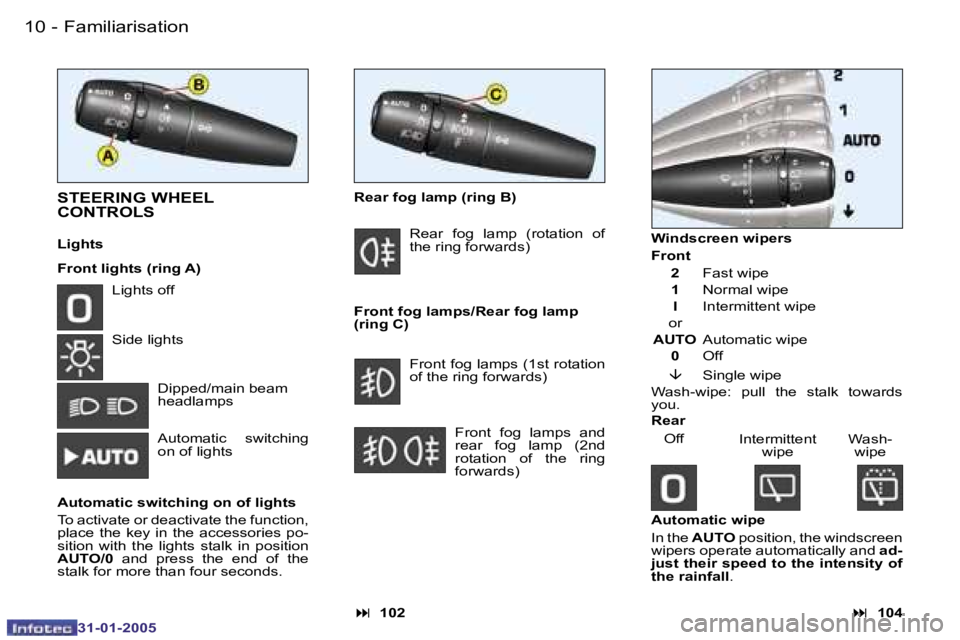 PEUGEOT 206 SW 2004  Owners Manual �1�0 �-
�3�1�-�0�1�-�2�0�0�5
�1�1
�-
�3�1�-�0�1�-�2�0�0�5
�S�T�E�E�R�I�N�G� �W�H�E�E�L�  
�C�O�N�T�R�O�L�S
�L�i�g�h�t�s 
�F�r�o�n�t� �l�i�g�h�t�s� �(�r�i�n�g� �A�) �R�e�a�r� �f�o�g� �l�a�m�p� �(�r�i�n