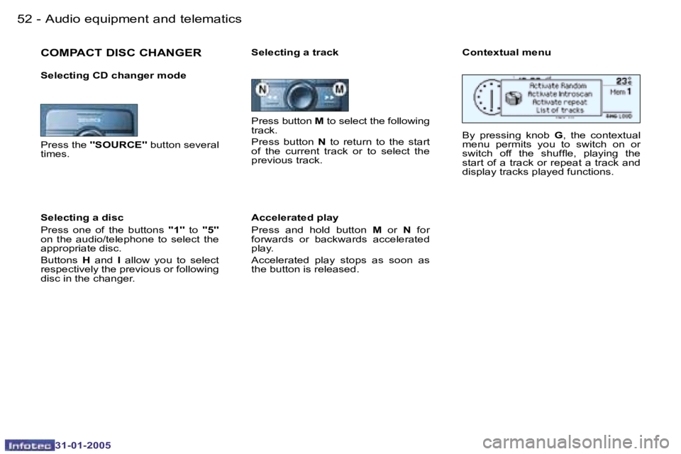 PEUGEOT 206 SW 2004 Workshop Manual �5�2 �-
�3�1�-�0�1�-�2�0�0�5
�5�3
�-
�3�1�-�0�1�-�2�0�0�5
�P�r�e�s�s� �b�u�t�t�o�n�  �M� �t�o� �s�e�l�e�c�t� �t�h�e� �f�o�l�l�o�w�i�n�g� 
�t�r�a�c�k�. 
�P�r�e�s�s�  �b�u�t�t�o�n�  �N�  �t�o�  �r�e�t�u